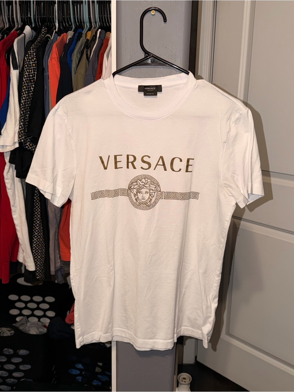 Versace White T-Shirt with Gold Logo and Medusa Emblem